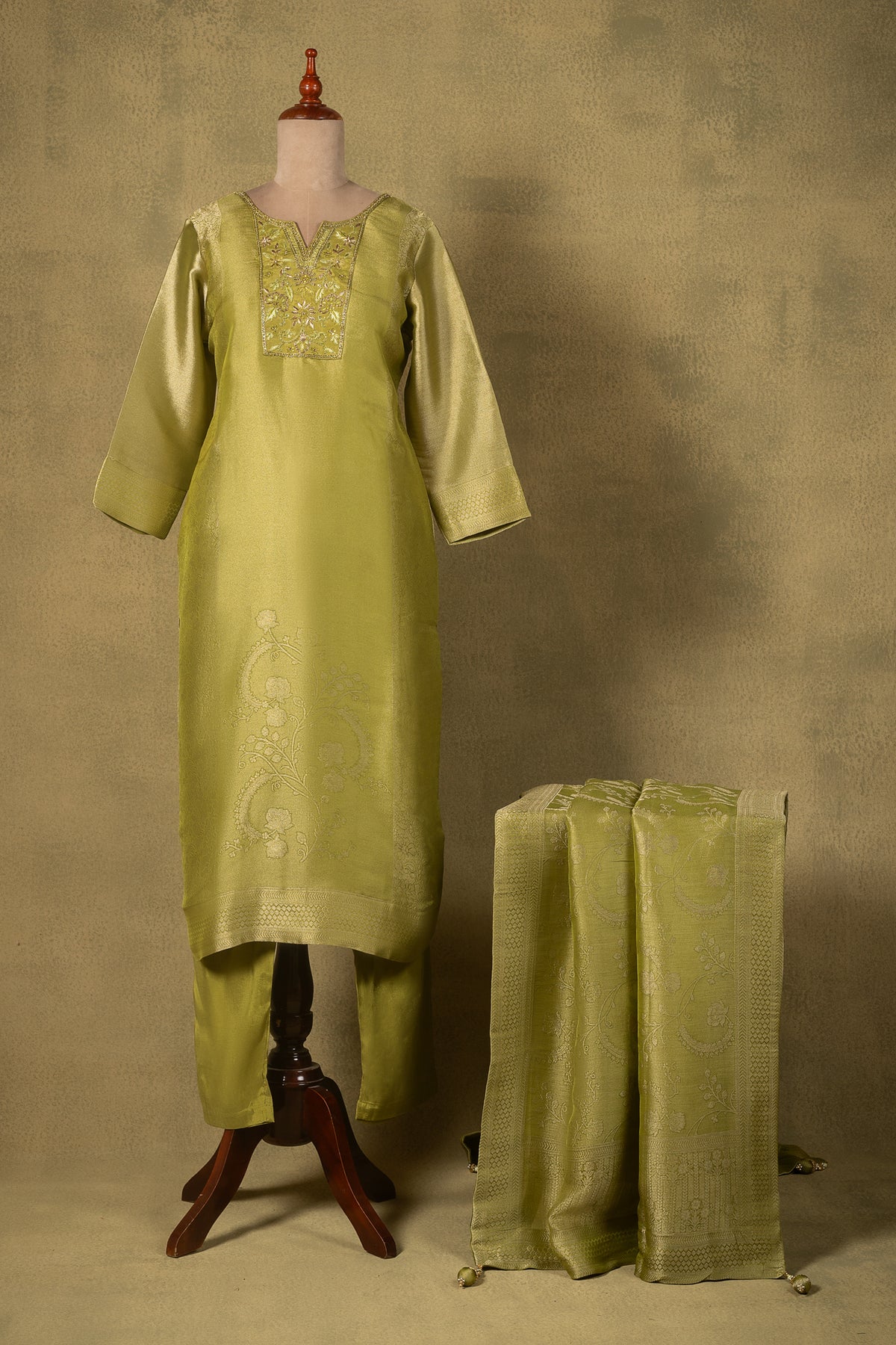 Lime Green Floral Jacquard Silk Blend Readymade Set