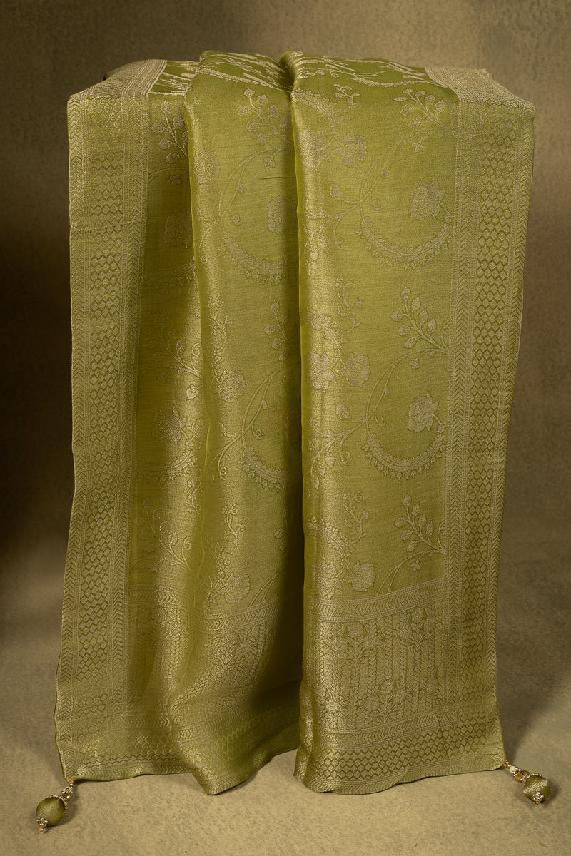 Lime Green Floral Jacquard Silk Blend Readymade Set