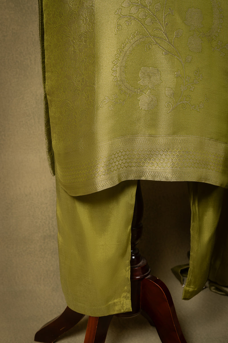 Lime Green Floral Jacquard Silk Blend Readymade Set