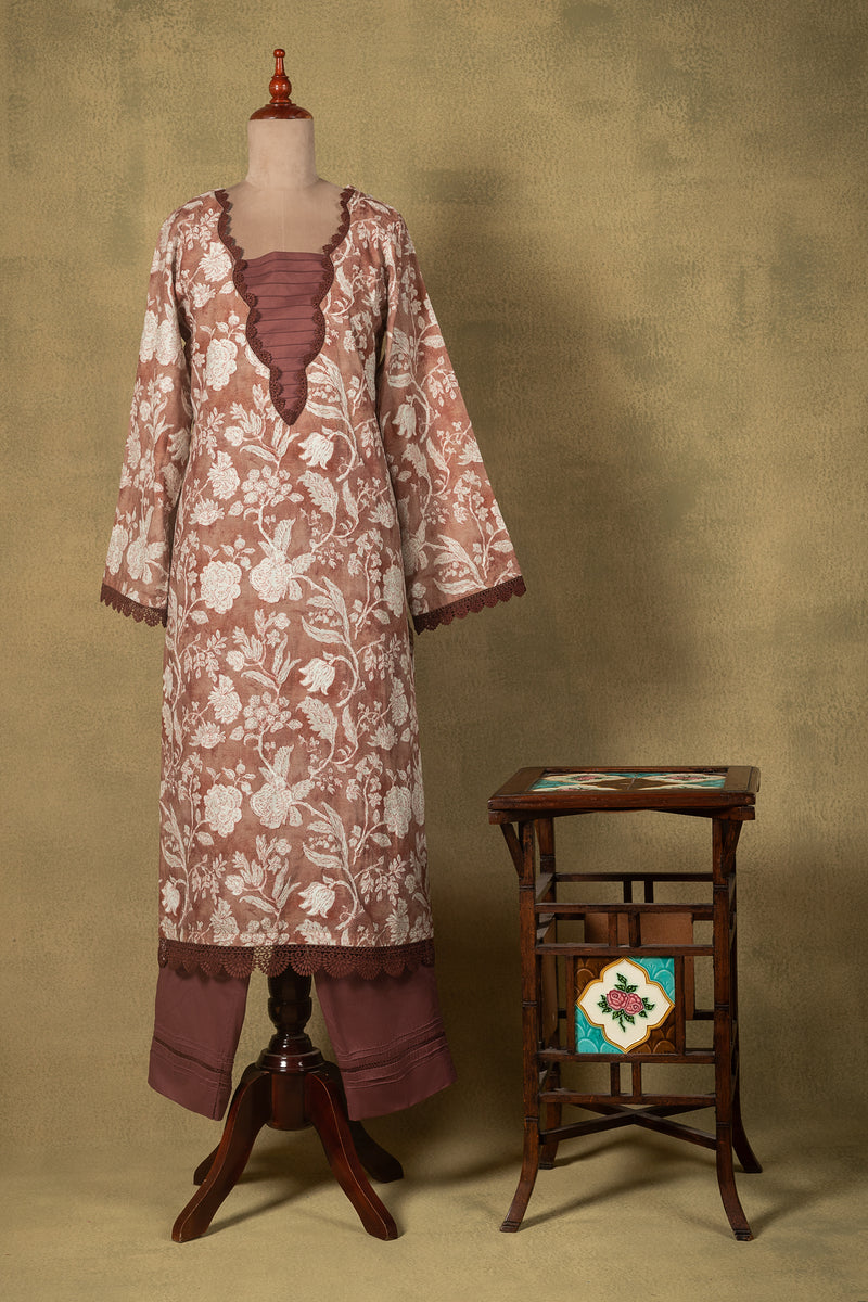 Dusty Brown Floral Lawn Cotton Readymade Set
