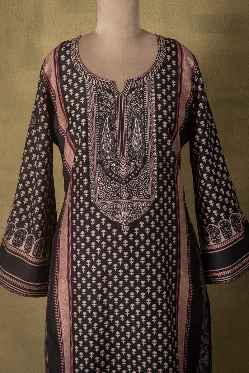 Charcoal Black Beige Printed Muslin Readymade Set