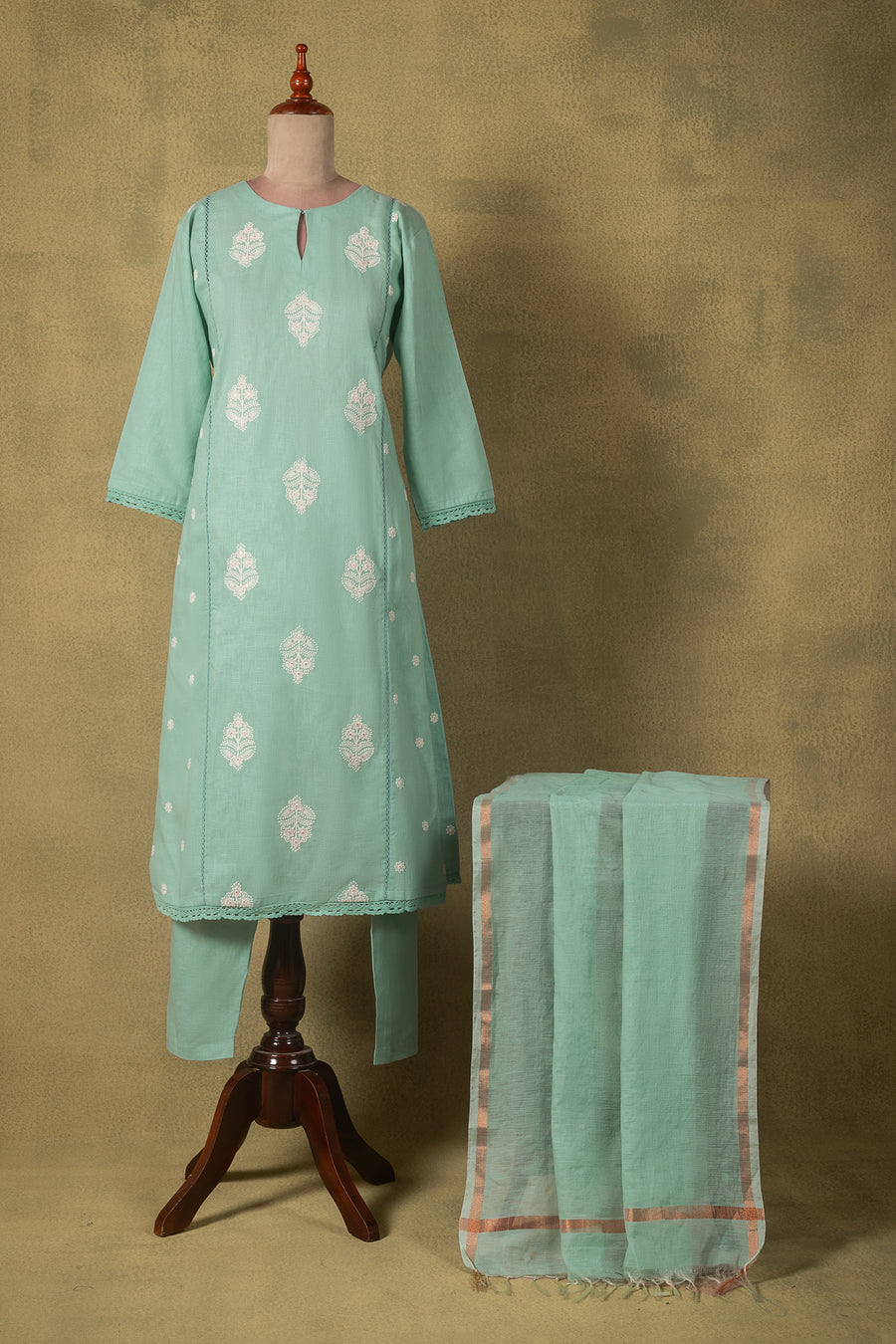 Seafoam Green Embroidered Linen Cotton Readymade Set