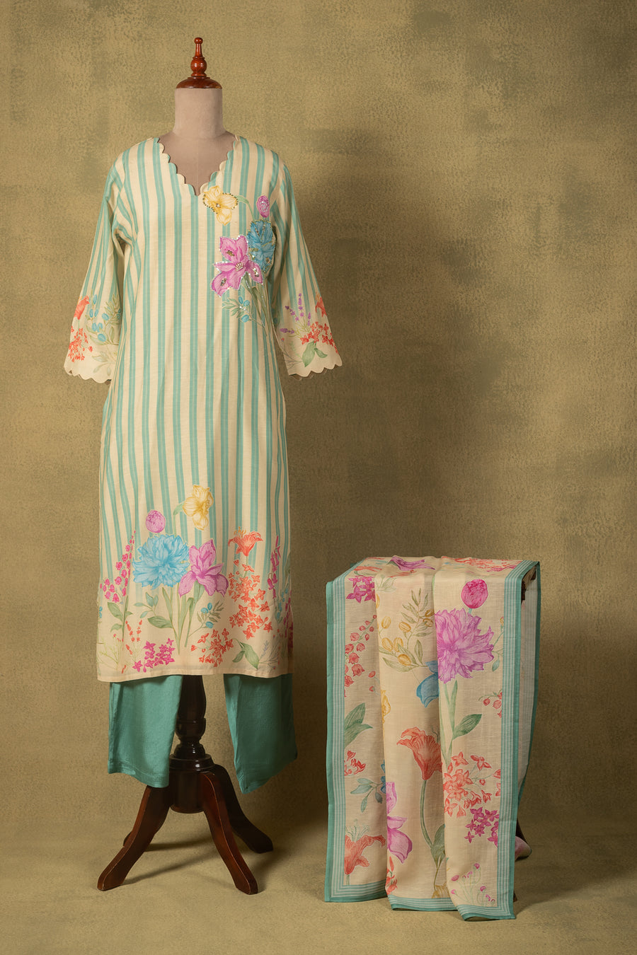 Seafoam Green Striped Linen Cotton Readymade Set