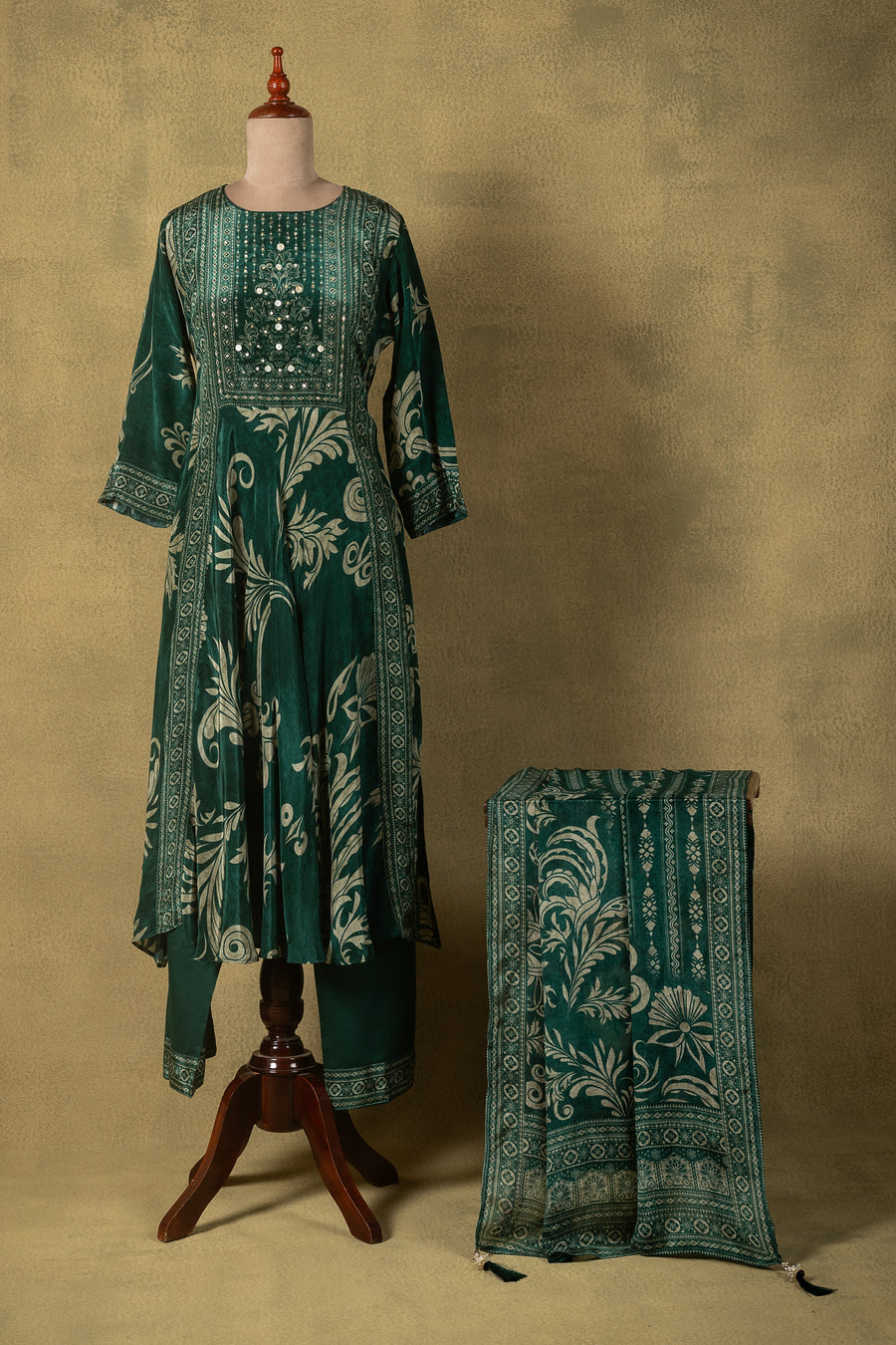Deep Emerald Green Mirror Work Muslin Readymade Set