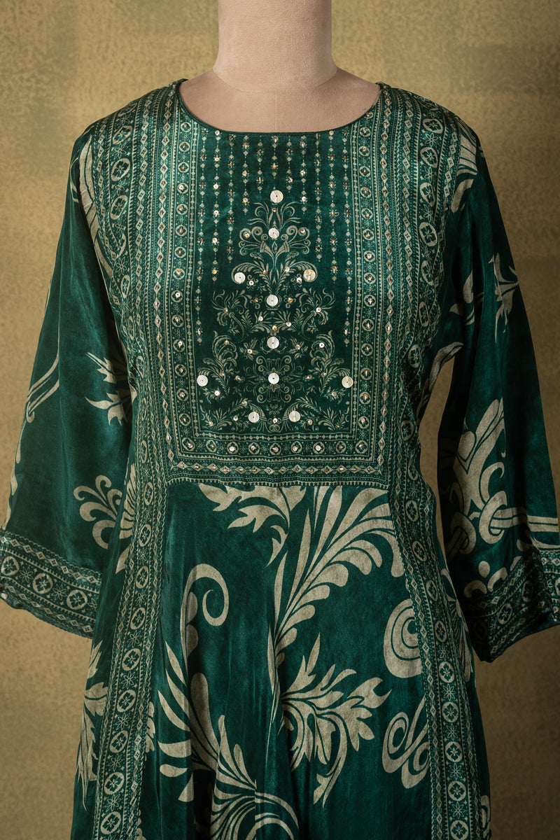 Deep Emerald Green Mirror Work Muslin Readymade Set