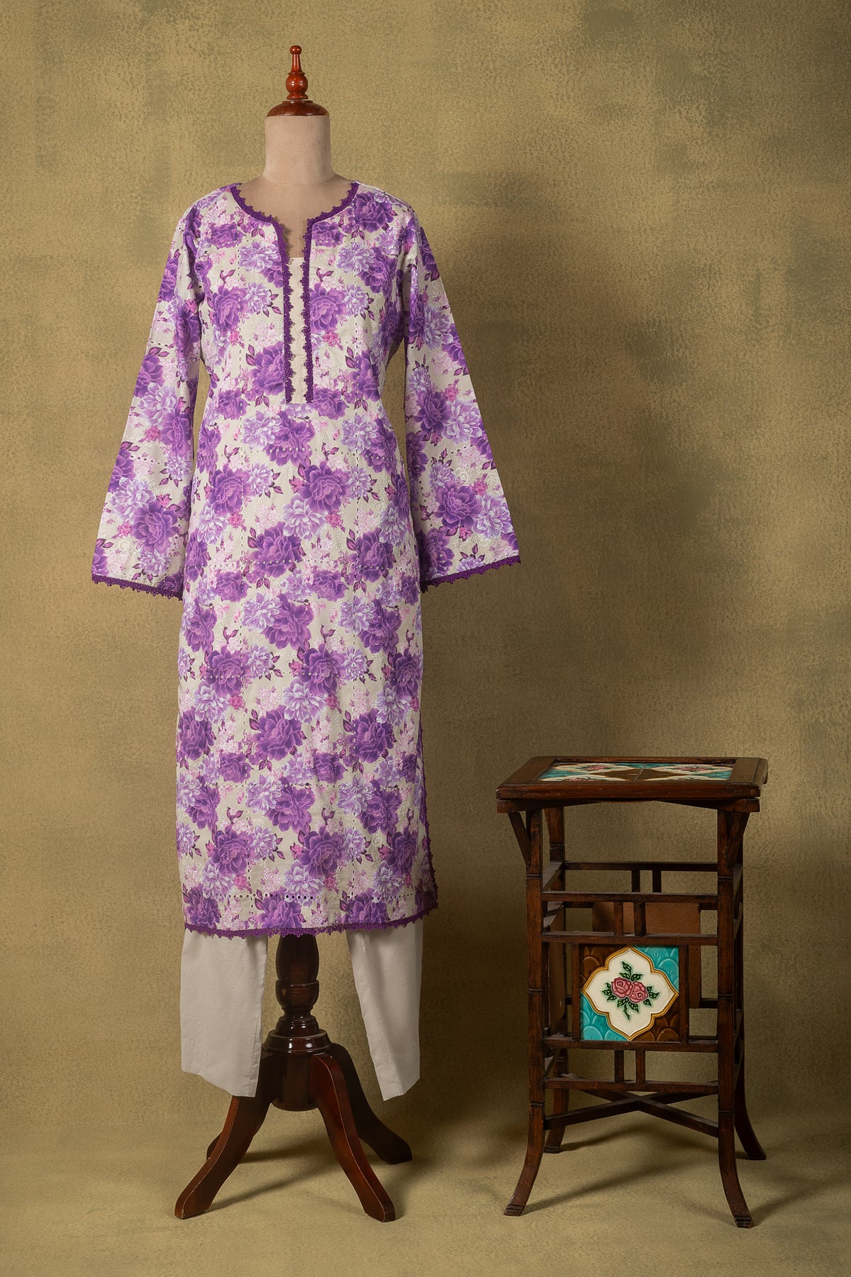 Off-White Purple Floral Cotton Readymade Set