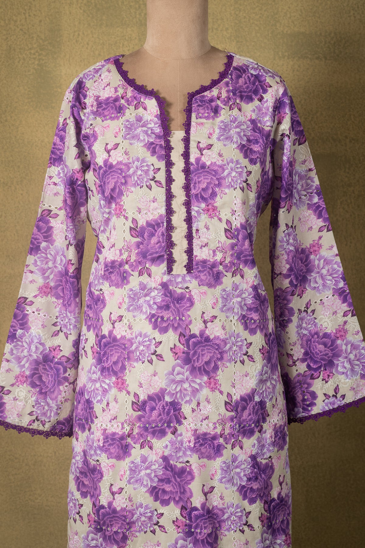 Off-White Purple Floral Cotton Readymade Set