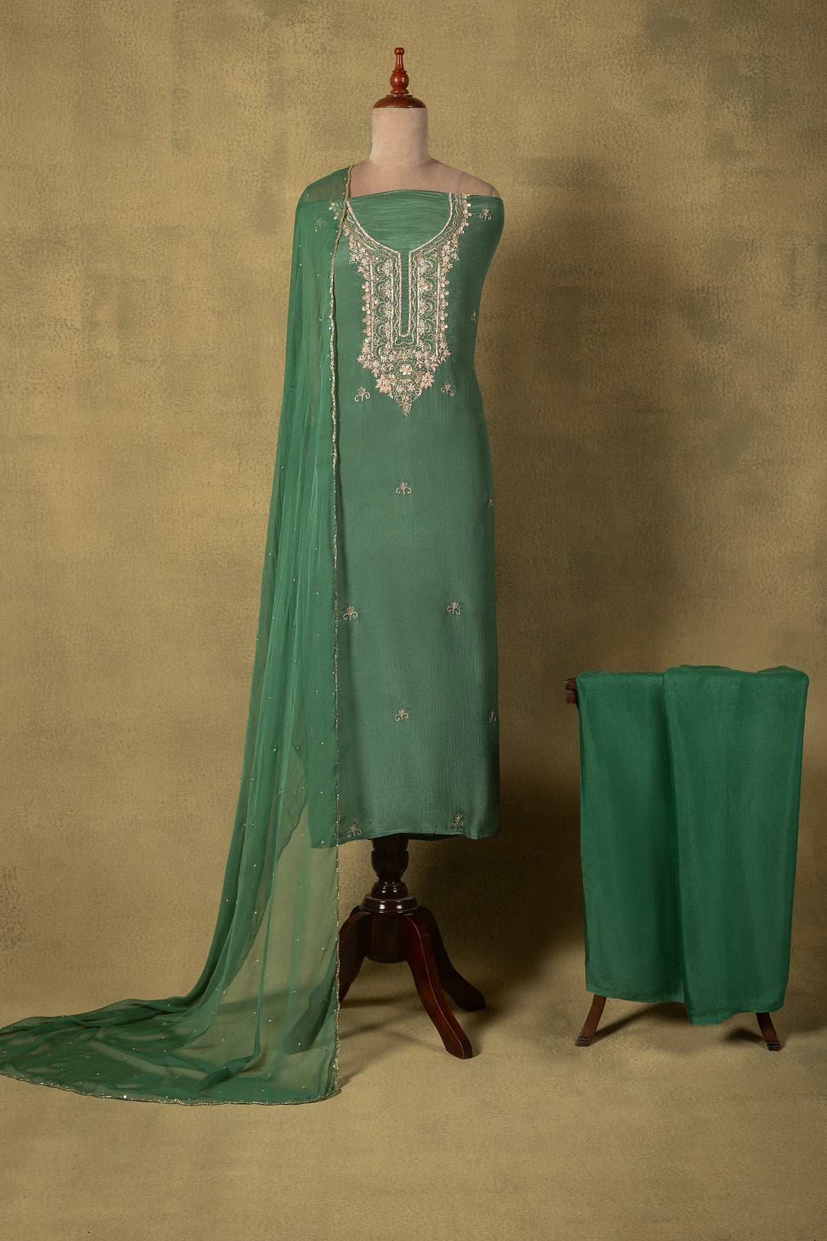 Green Chinon Embroidered Unstitched Suit