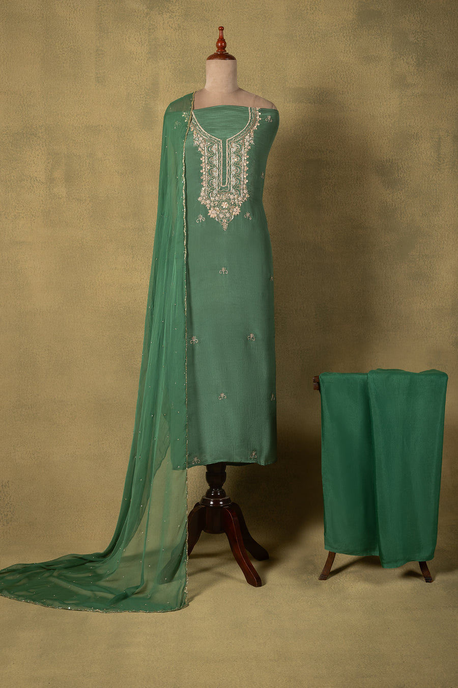 Green Chinon Embroidered Unstitched Suit