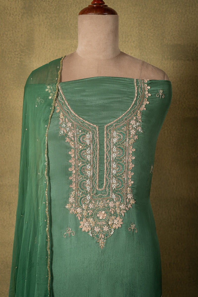 Green Chinon Embroidered Unstitched Suit