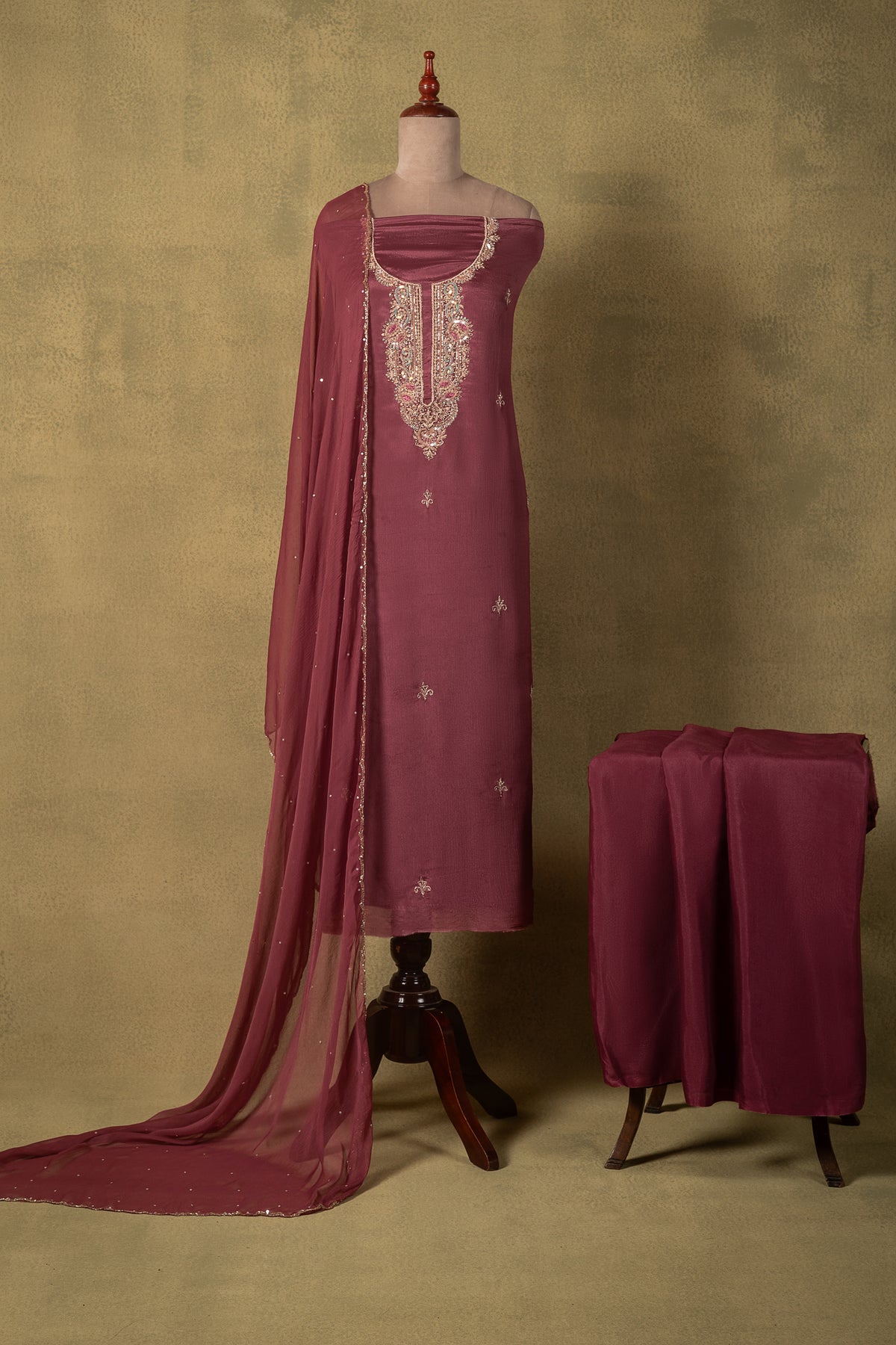 Maroon Chinon Embroidered Unstitched Suit