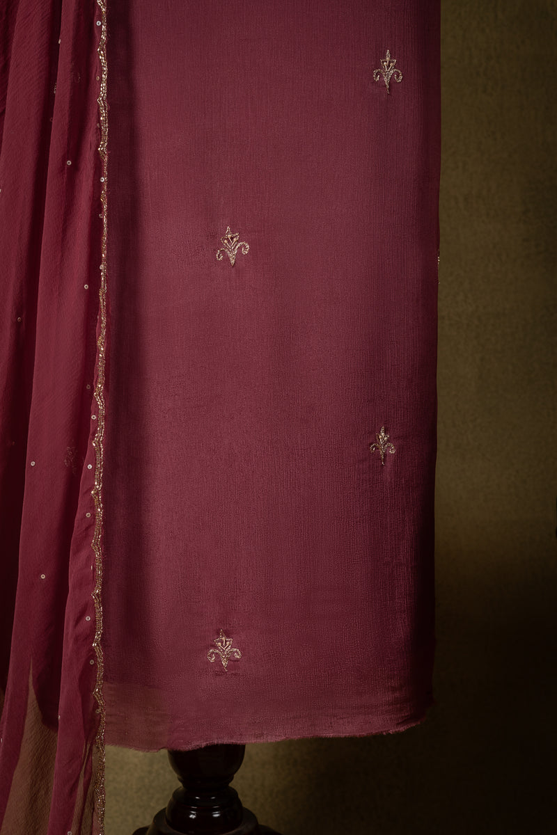 Maroon Chinon Embroidered Unstitched Suit