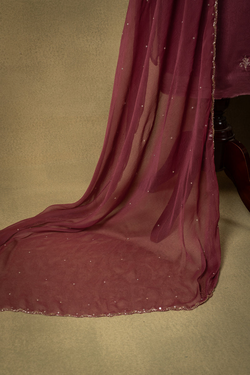 Maroon Chinon Embroidered Unstitched Suit