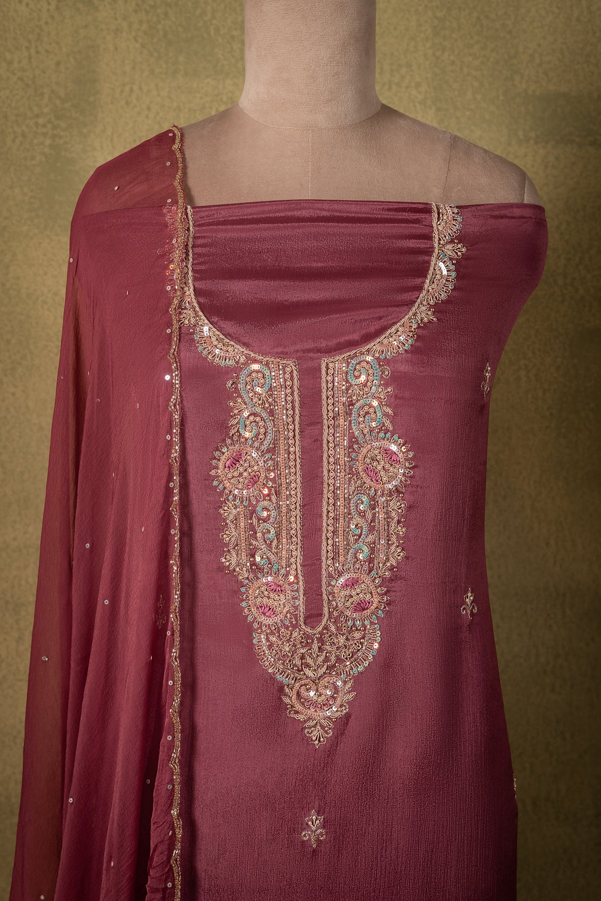 Maroon Chinon Embroidered Unstitched Suit