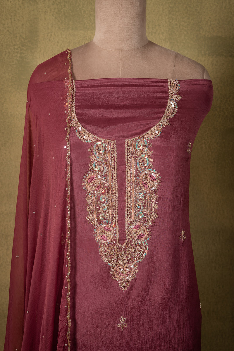 Maroon Chinon Embroidered Unstitched Suit