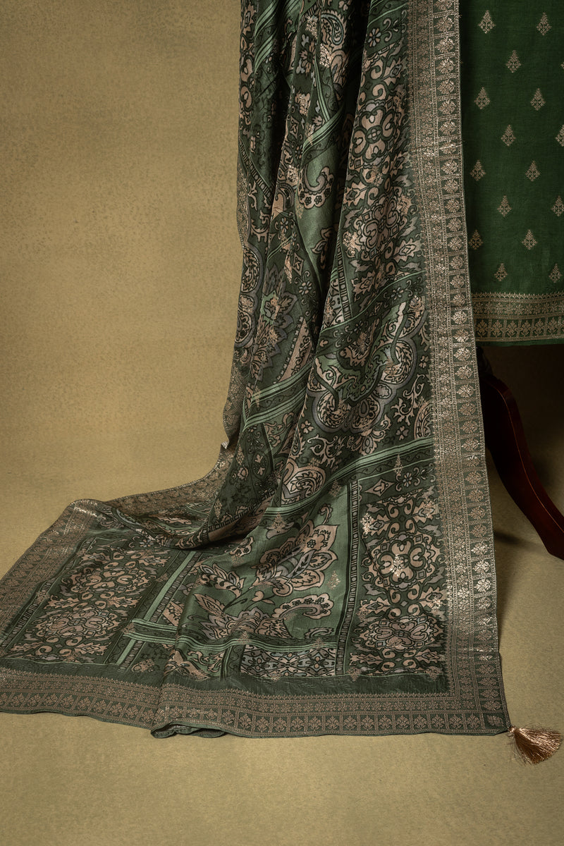 Bottle Green Soft Silk Blend Printed Unstitched Suit