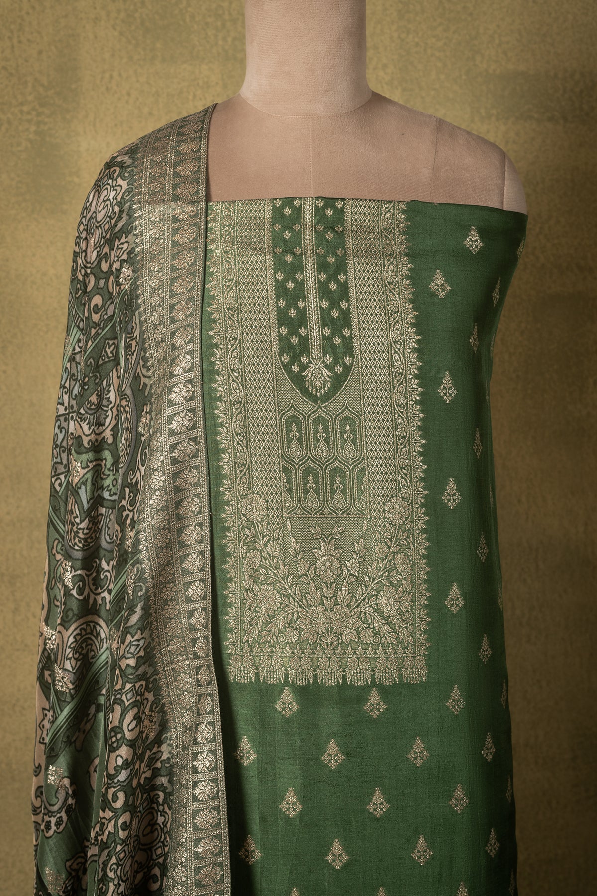 Bottle Green Soft Silk Blend Printed Unstitched Suit