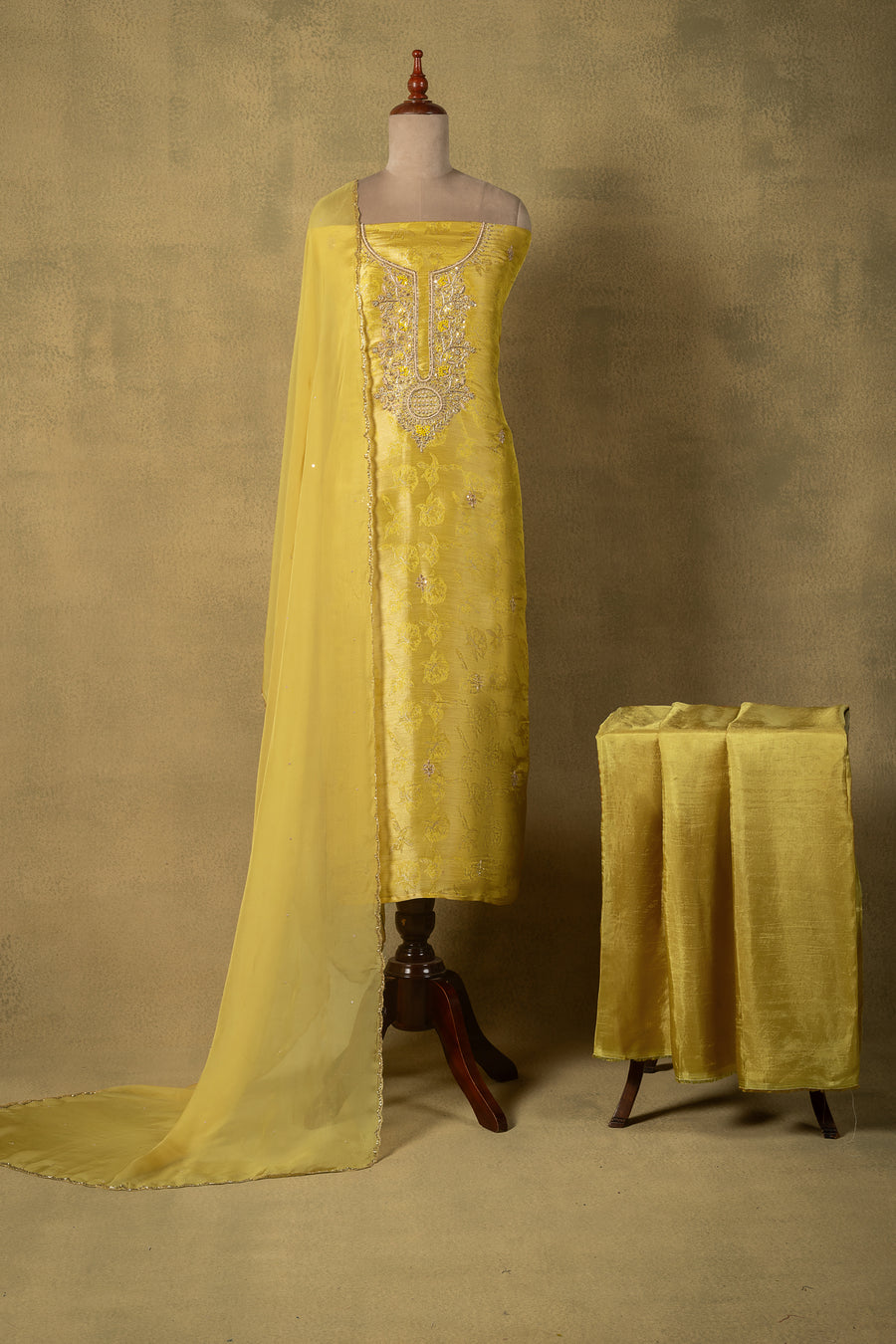 Yellow Shimmer Silk Brocade Embroidered Unstitched Suit