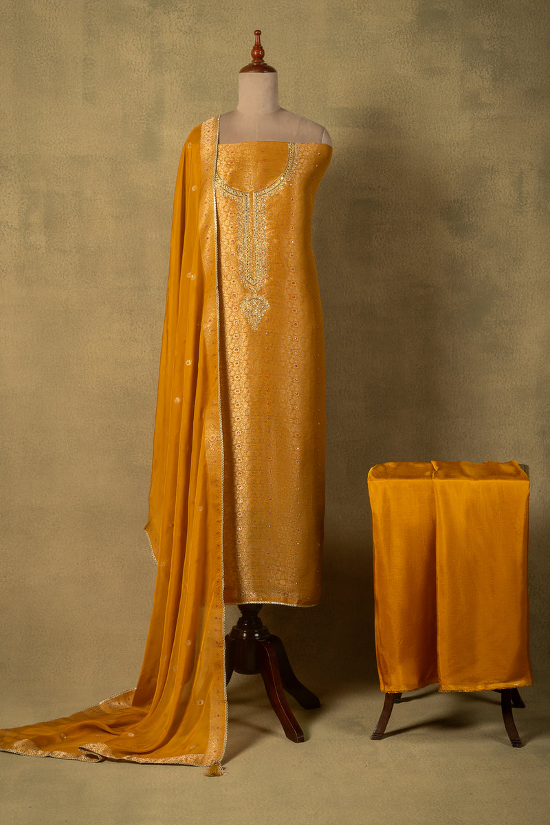Orange Shimmer Silk Brocade Embroidered Unstitched Suit