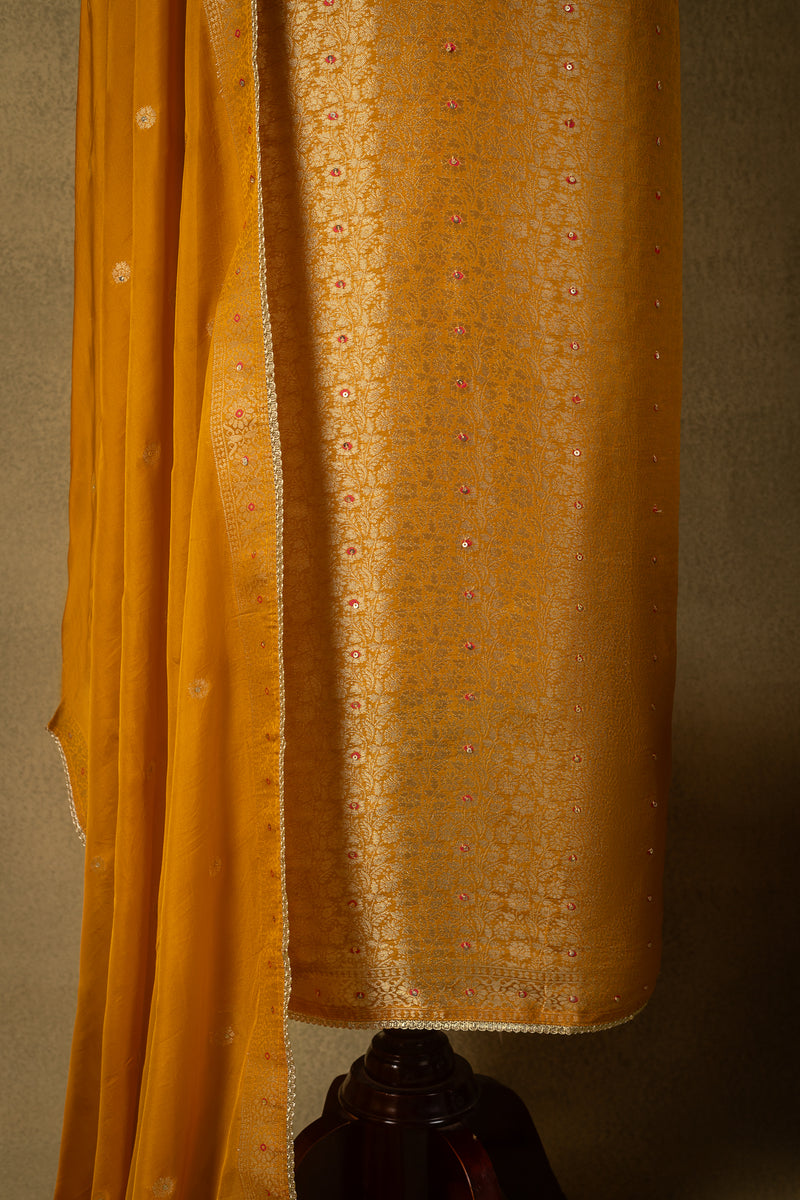 Orange Shimmer Silk Brocade Embroidered Unstitched Suit