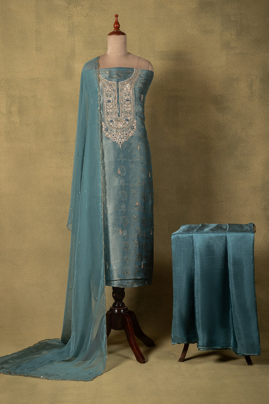 Blue Shimmer Silk Brocade Embroidered Unstitched Suit