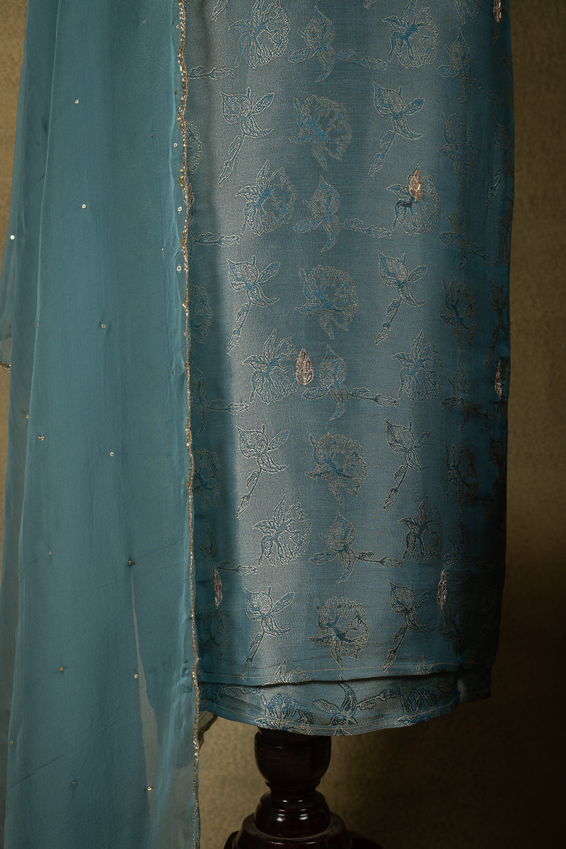 Blue Shimmer Silk Brocade Embroidered Unstitched Suit