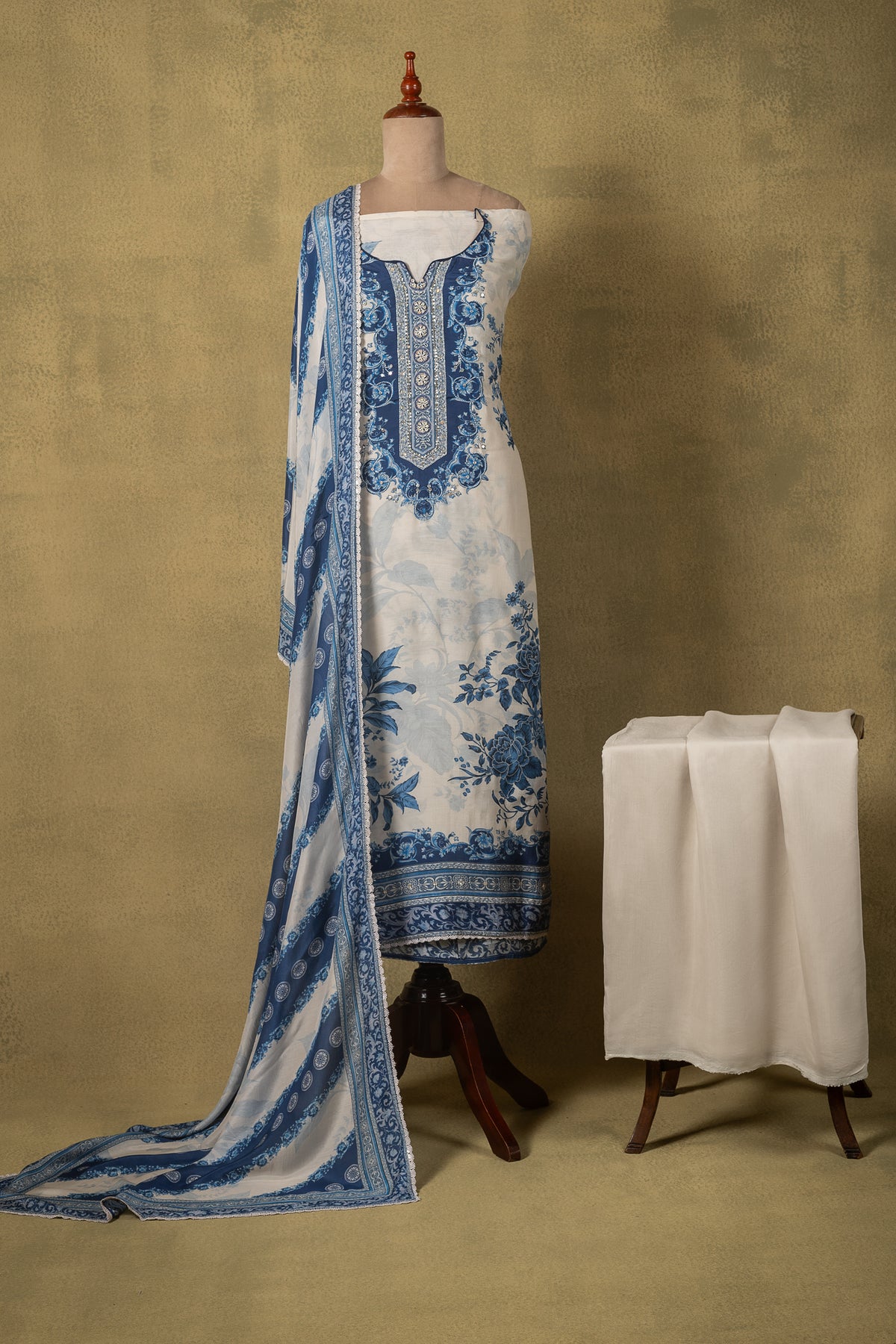 White Blue Floral Muslin Embroidered Unstitched Suit
