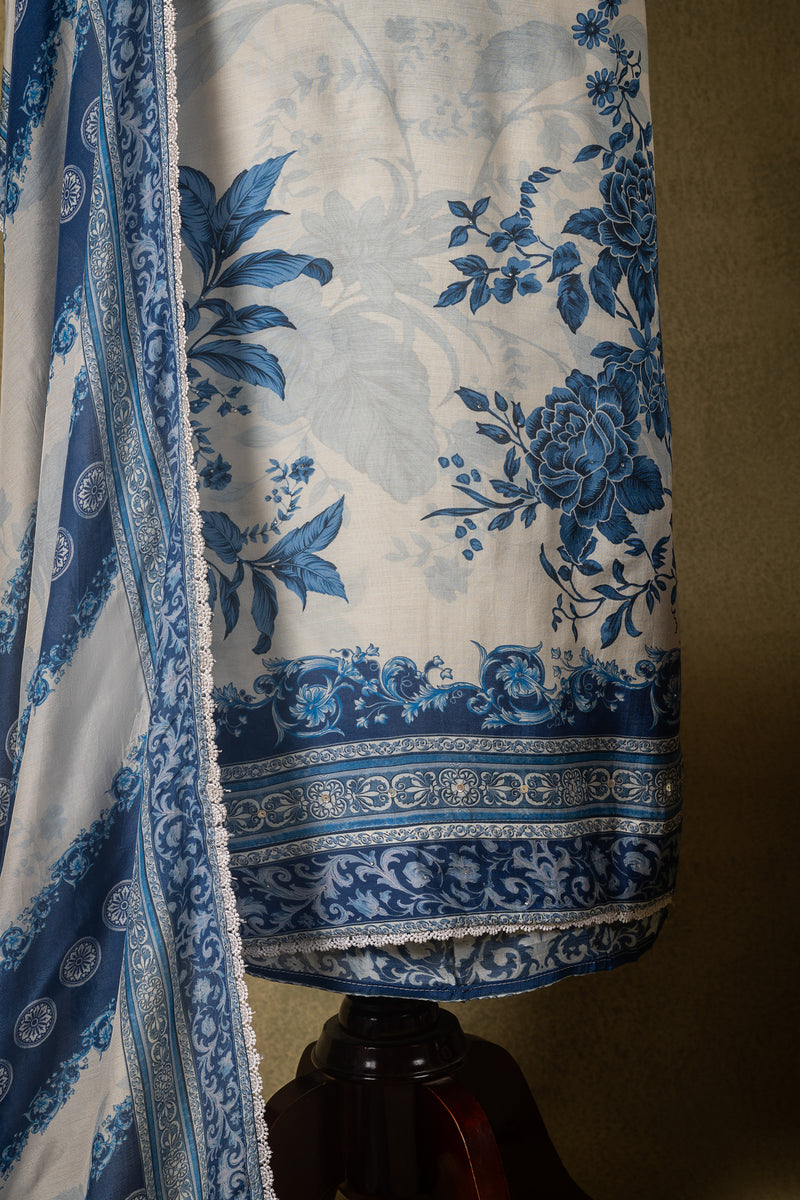 White Blue Floral Muslin Embroidered Unstitched Suit