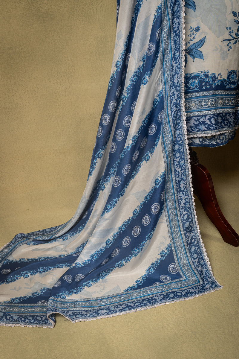 White Blue Floral Muslin Embroidered Unstitched Suit