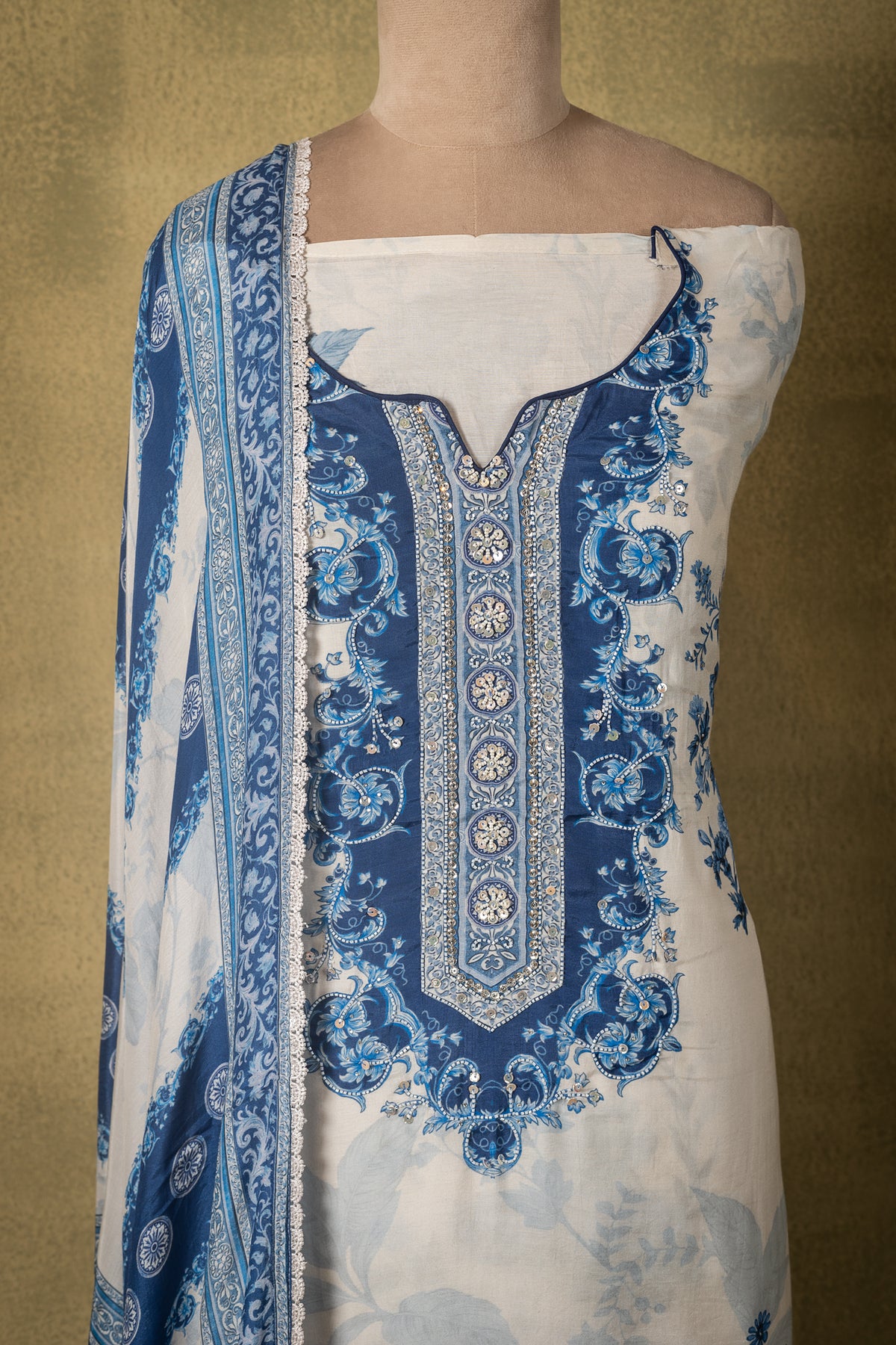 White Blue Floral Muslin Embroidered Unstitched Suit