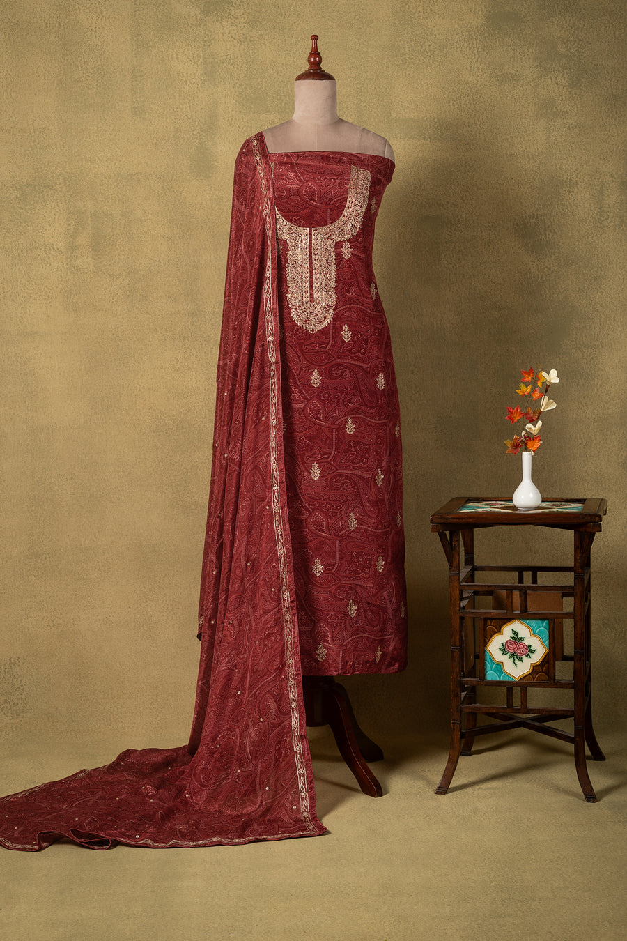 Maroon Crepe Silk Embroidered Unstitched Suit