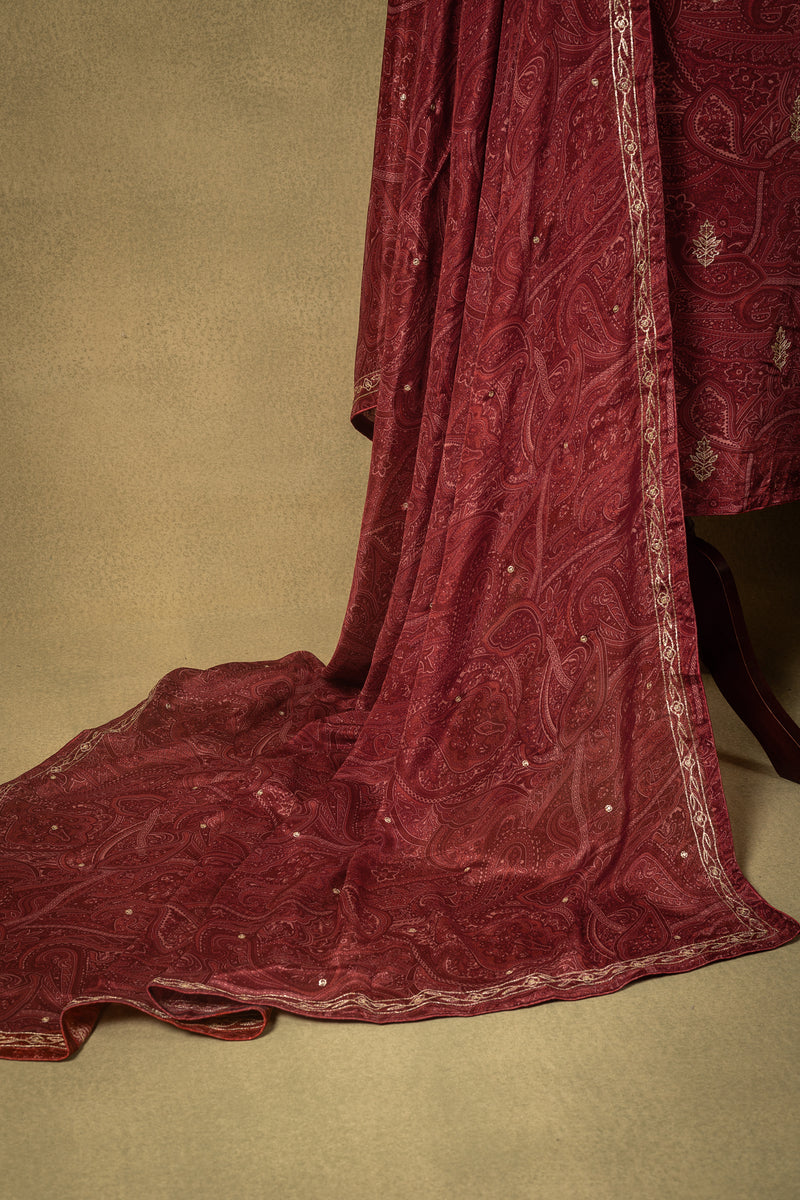 Maroon Crepe Silk Embroidered Unstitched Suit