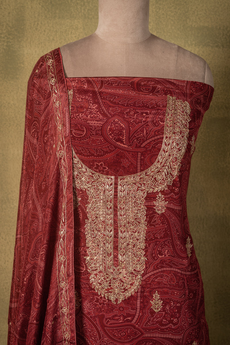 Maroon Crepe Silk Embroidered Unstitched Suit