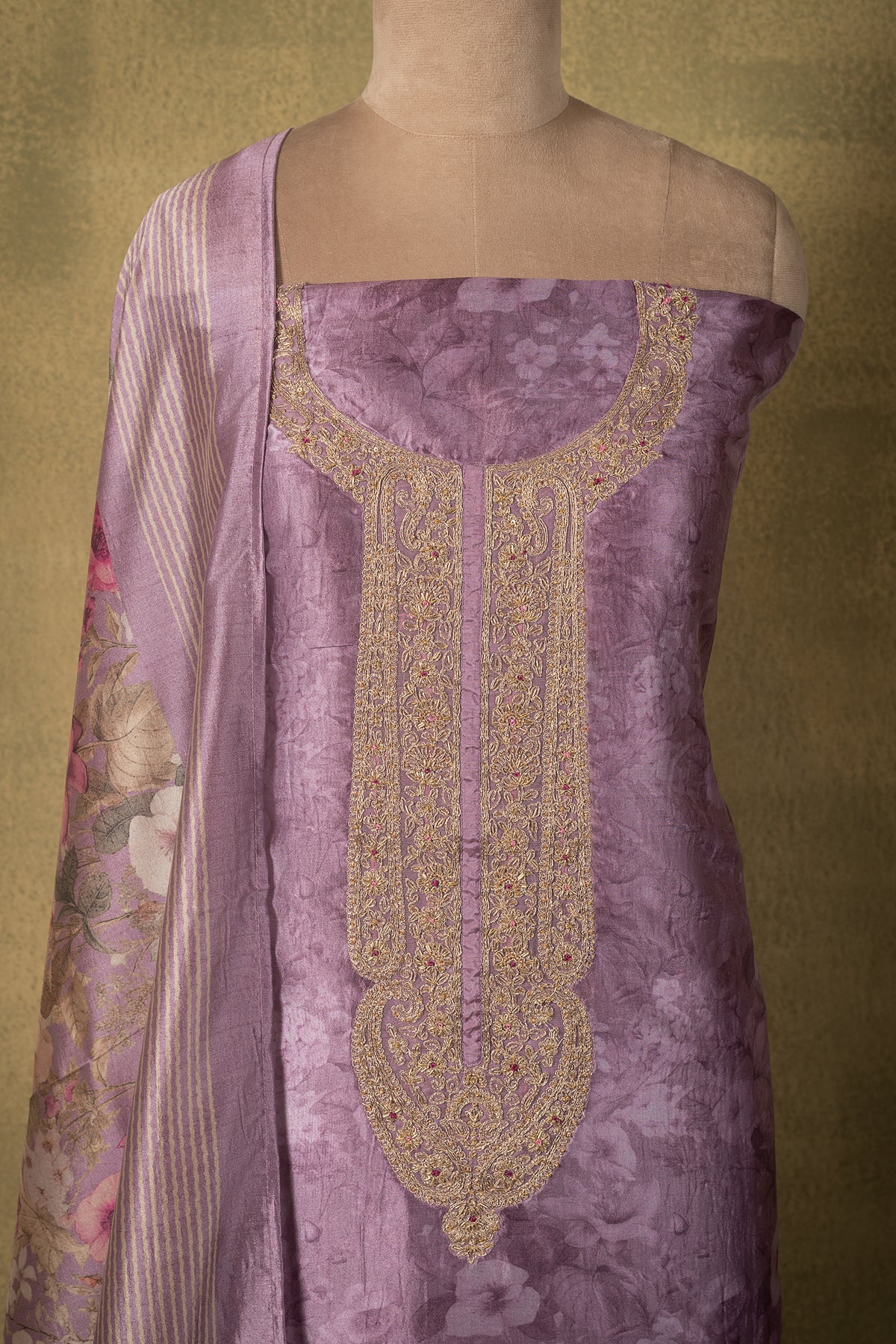 Mauve Silk Blend Floral Embroidered Unstitched Suit
