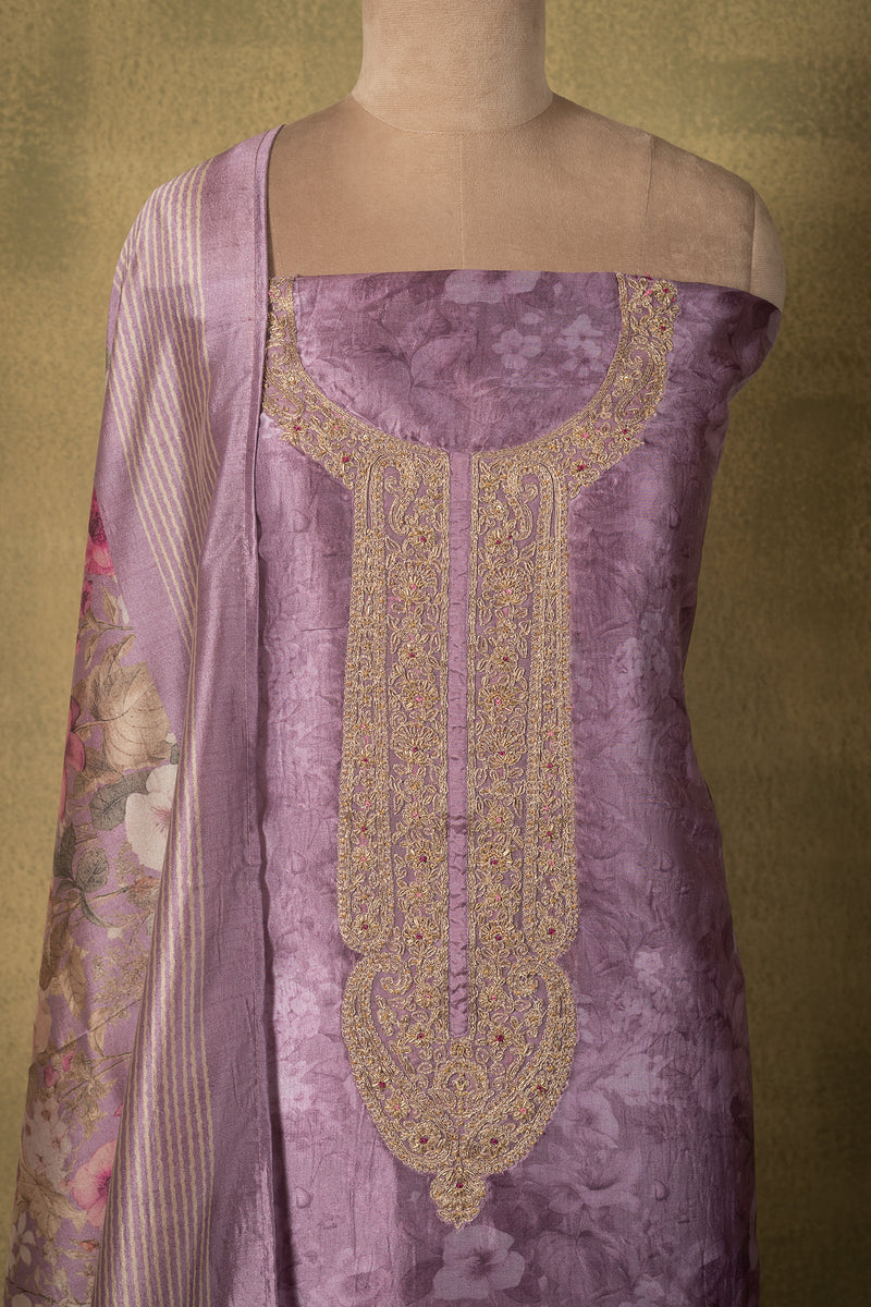 Mauve Silk Blend Floral Embroidered Unstitched Suit