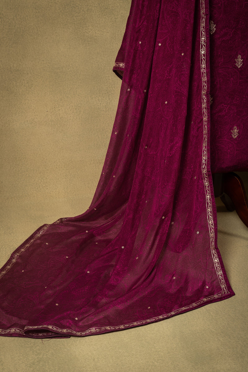 Magenta Muslin Embroidered Unstitched Suit