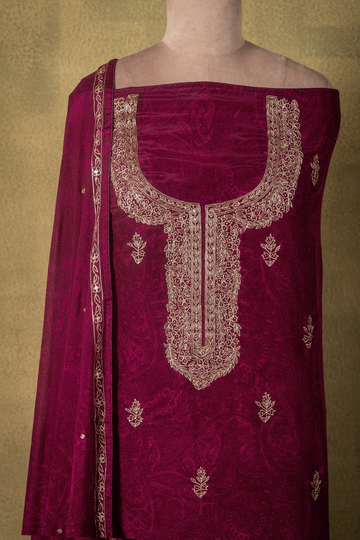 Magenta Muslin Embroidered Unstitched Suit