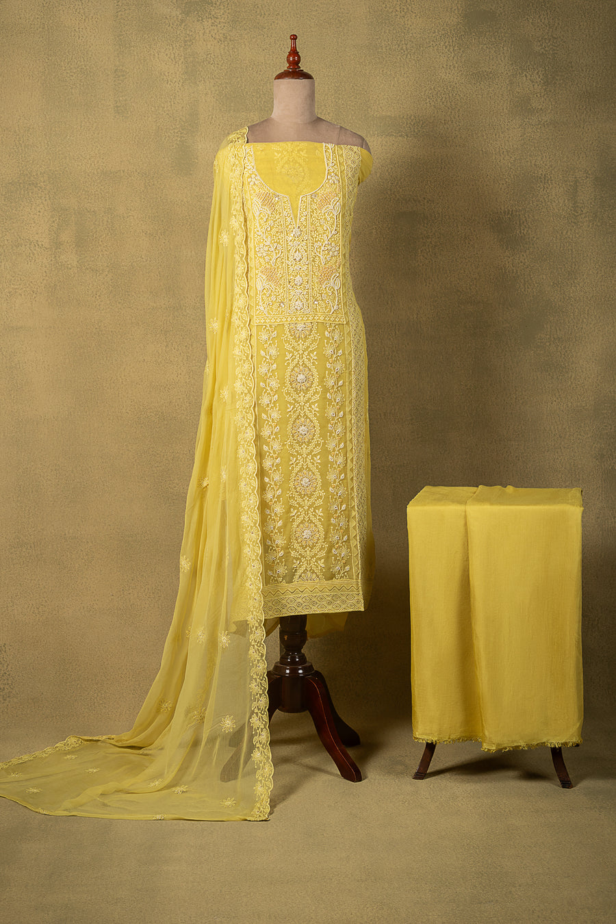 Yellow Chikankari Unstitched Suit Set