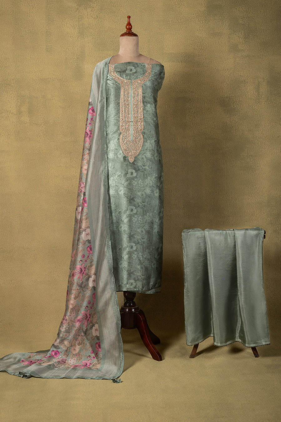 Sage Green Silk Blend Floral Embroidered Unstitched Suit