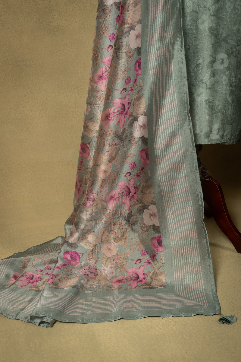 Sage Green Silk Blend Floral Embroidered Unstitched Suit