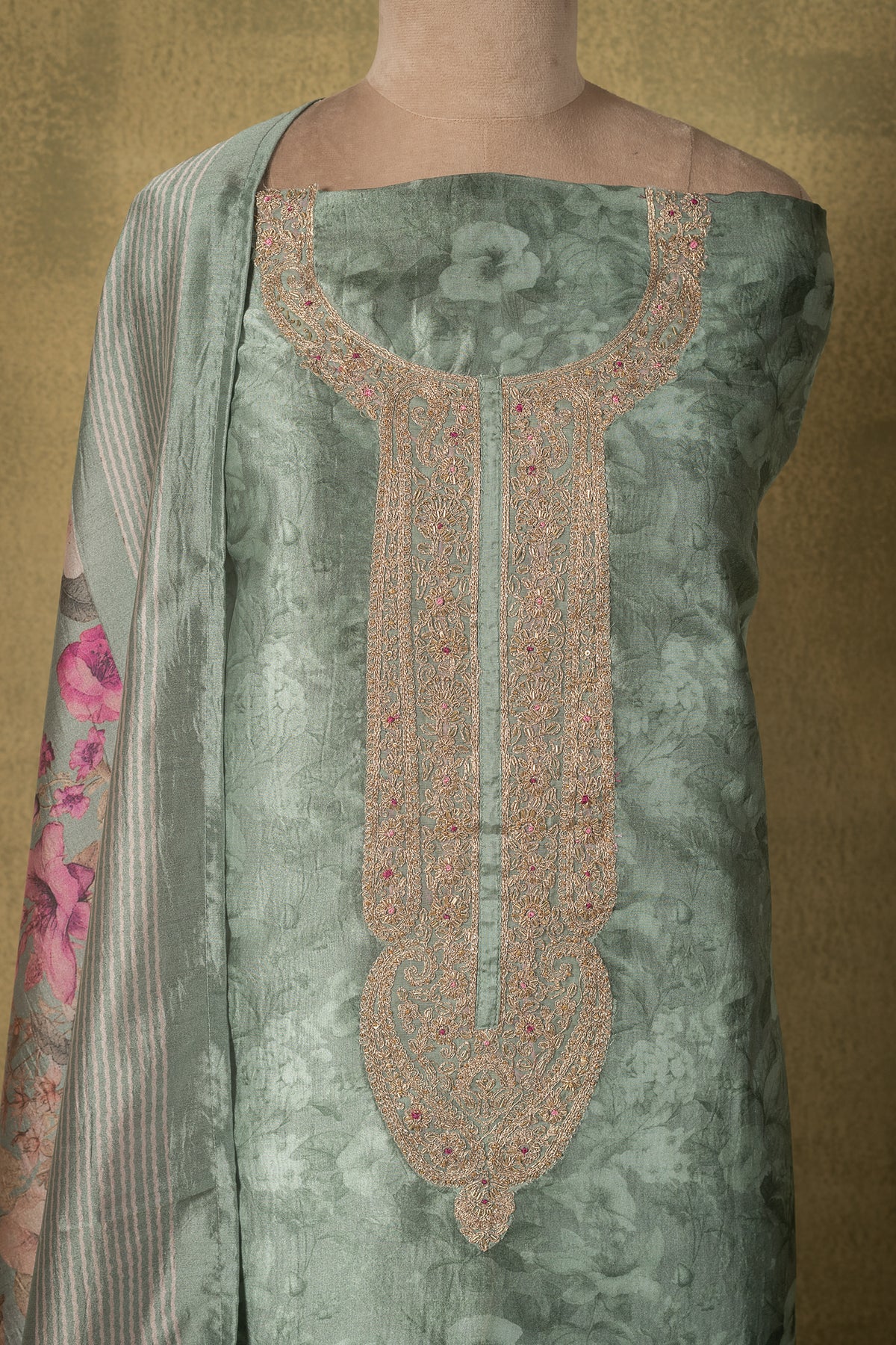 Sage Green Silk Blend Floral Embroidered Unstitched Suit