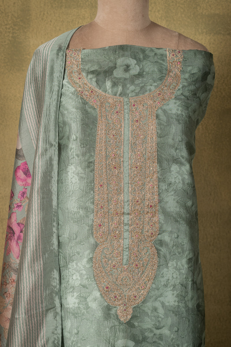 Sage Green Silk Blend Floral Embroidered Unstitched Suit