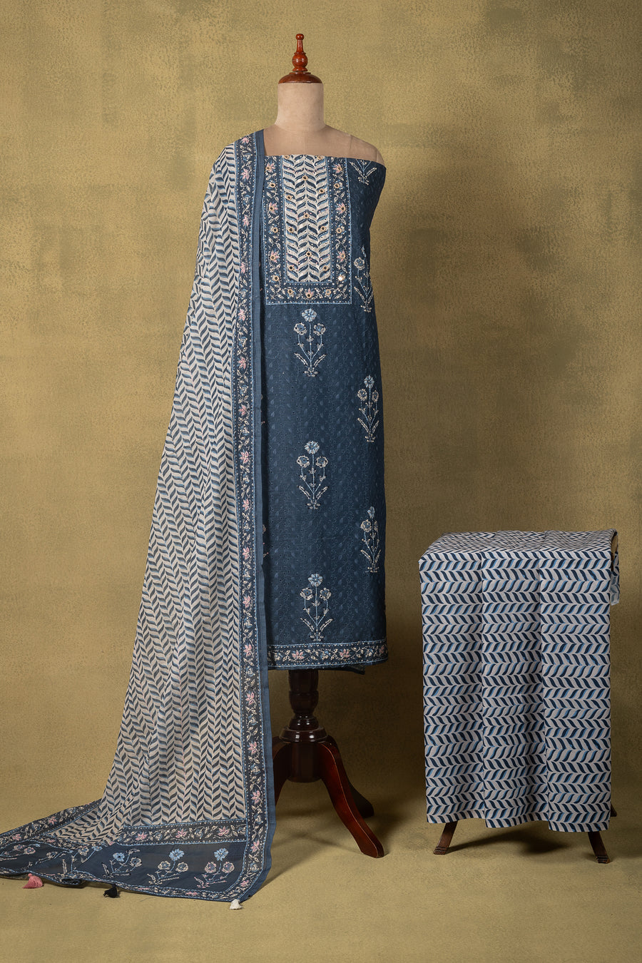 Blue Linen Cotton Floral Embroidered Unstitched Suit