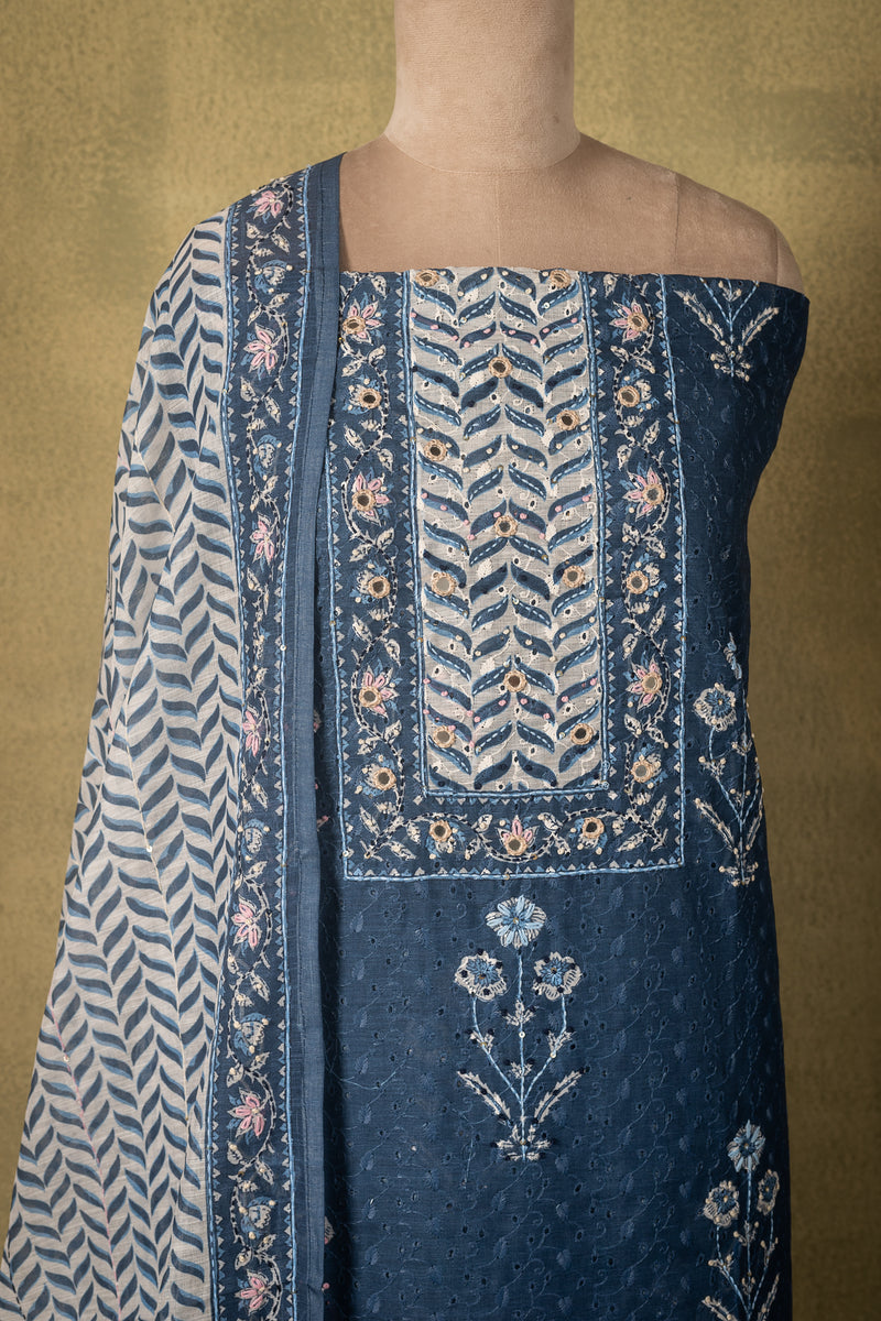 Blue Linen Cotton Floral Embroidered Unstitched Suit Sterling House