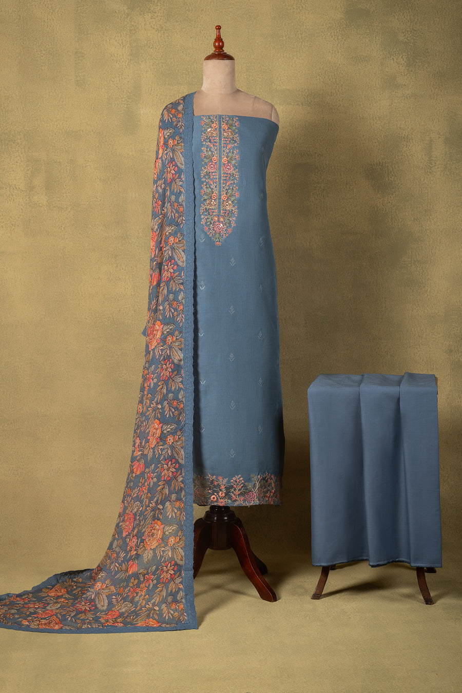 Blue Linen Cotton Floral Embroidered Unstitched Suit
