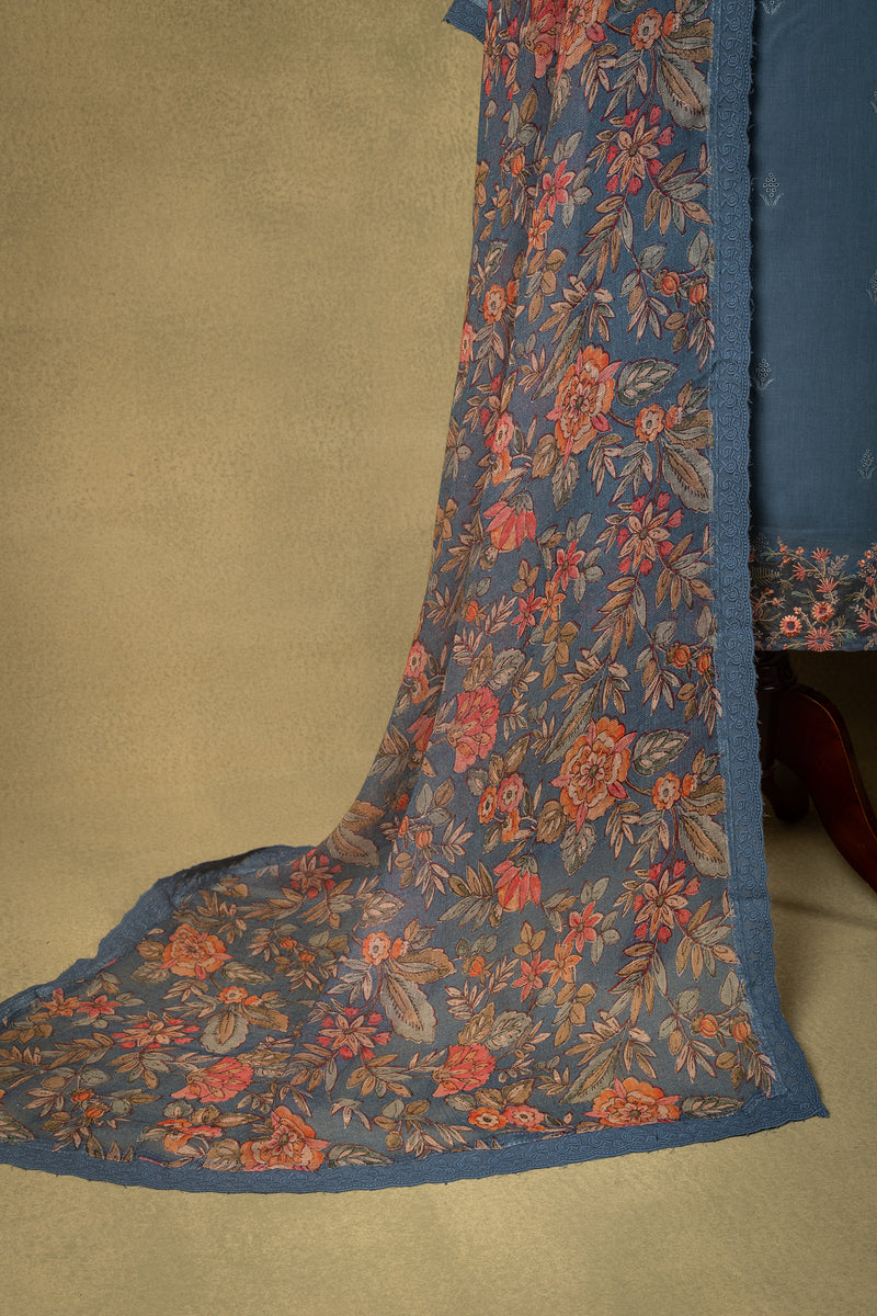 Blue Linen Cotton Floral Embroidered Unstitched Suit