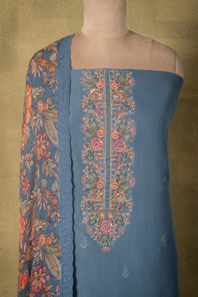 Blue Linen Cotton Floral Embroidered Unstitched Suit
