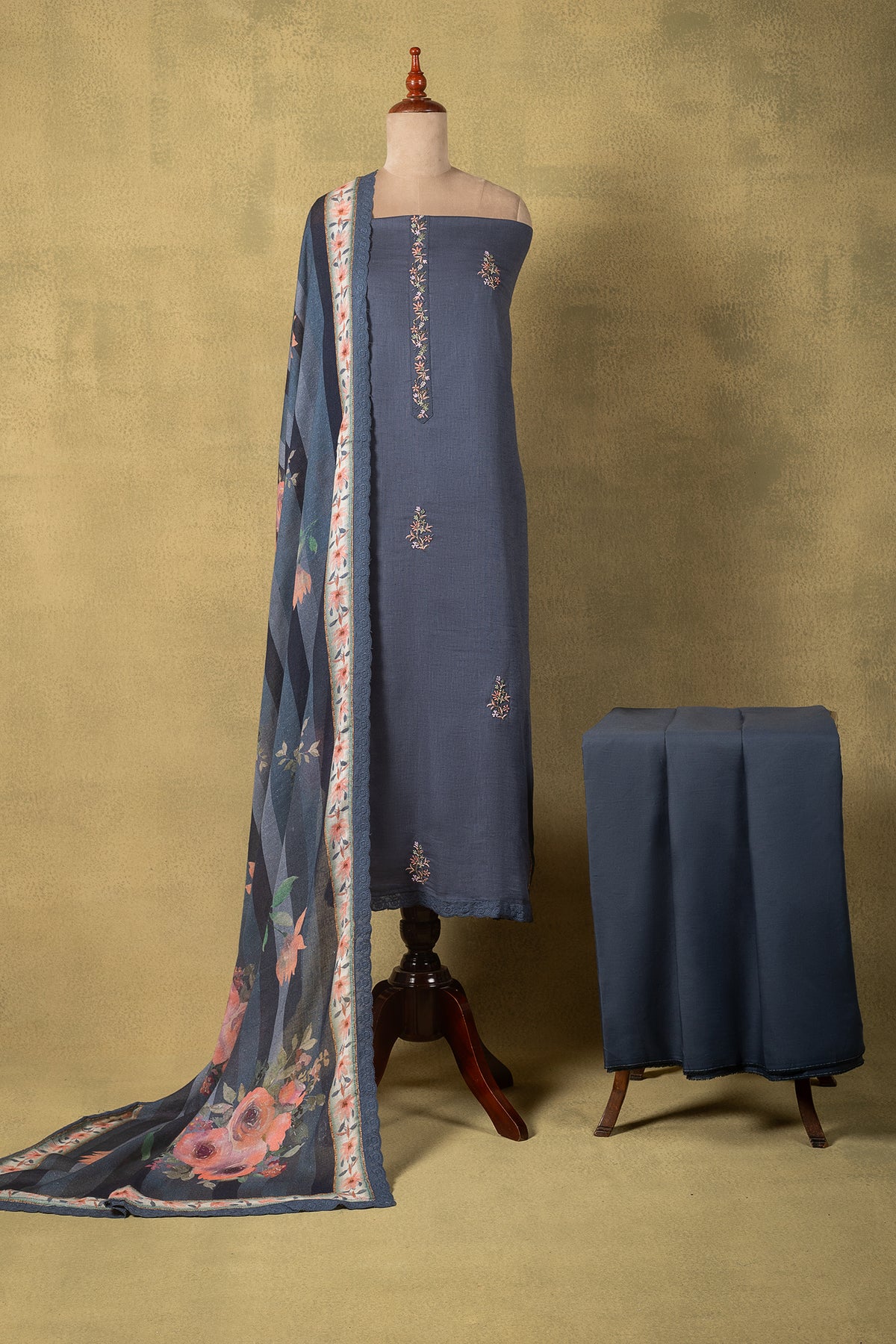Blue Floral Linen Cotton Embroidered Unstitched Suit Sterling House