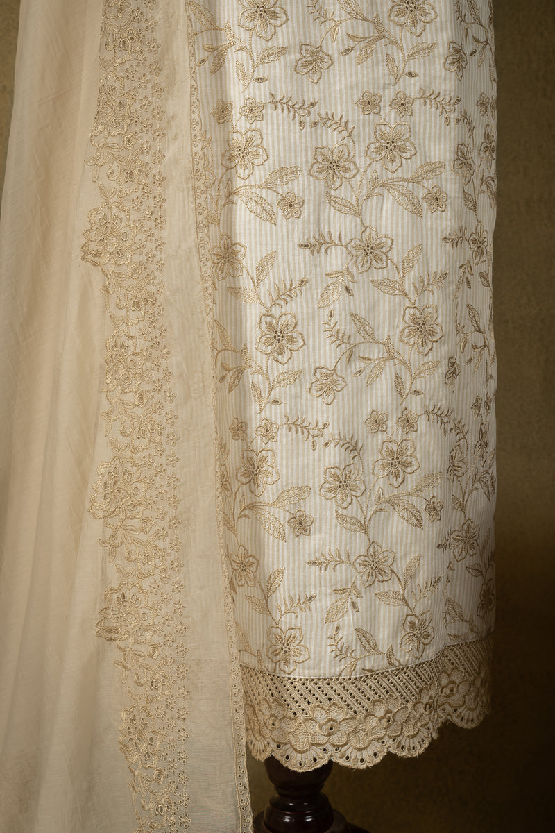 Off-White Cotton Embroidered Unstitched Suit