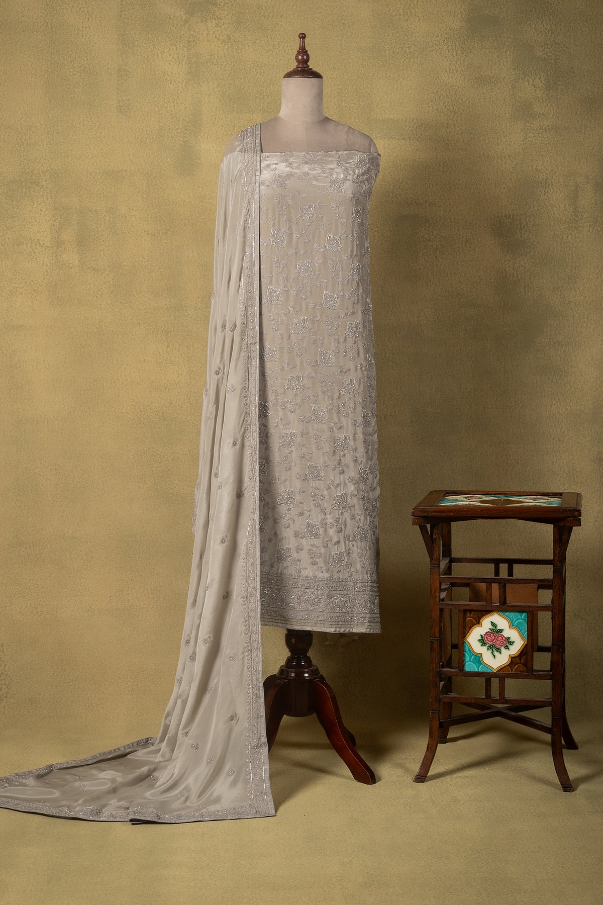 Silver Grey Crepe Sequin Embroidered Unstitched Suit